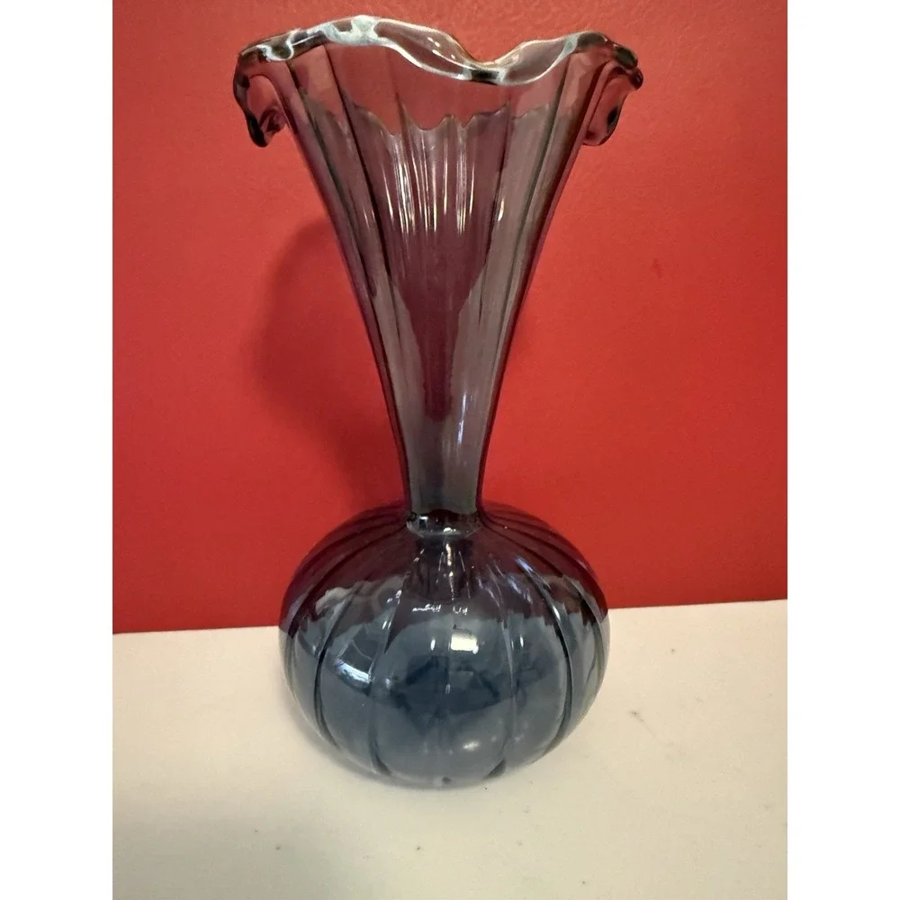 World Market Glass Blue Ruffle Neck Bud Vase Vintage Inspired plant starter root